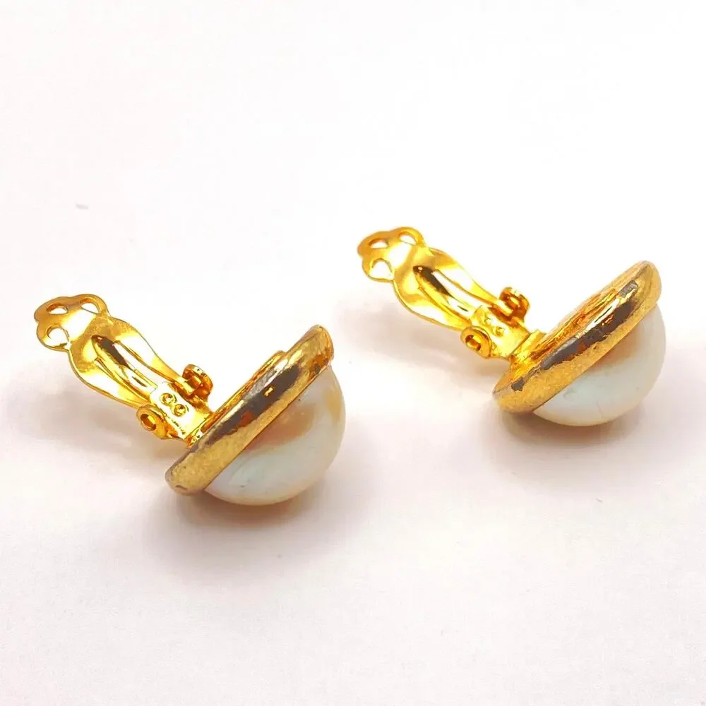 Vintage HATTIE CARNEGIE Faux Pearl Button Earrings Gold Tone Plated Clip On